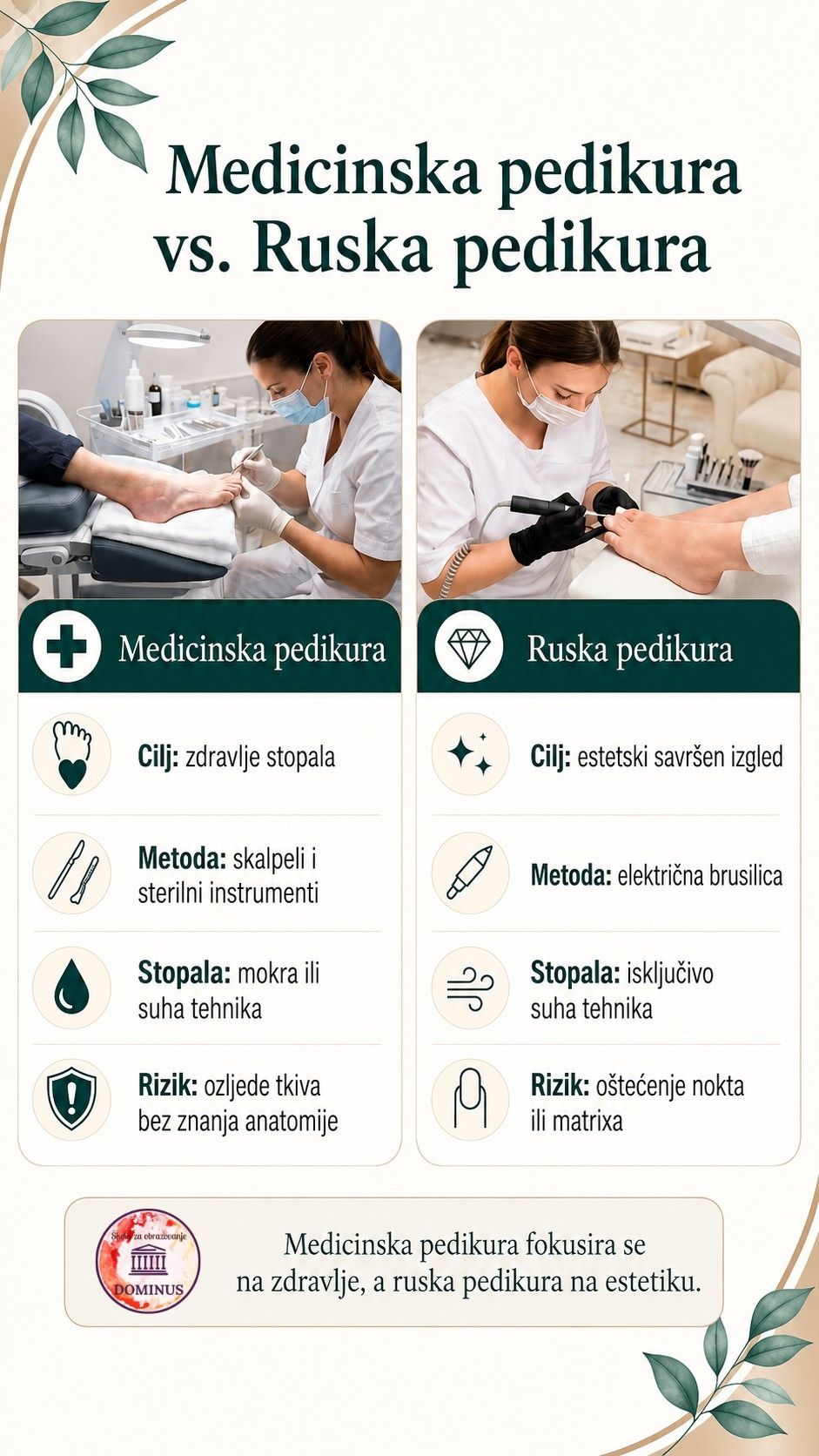 Infografik koji uspoređuje medicinsku pedikuru i rusku pedikuru kroz prikaz tretmana, način rada, cilj tretmana, stanje stopala, ciljanu klijentelu i moguće rizike