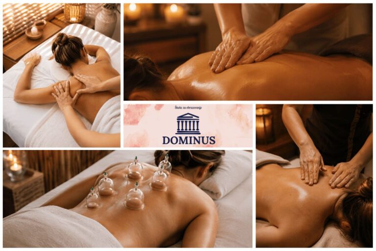 Kolaž fotografija različitih tehnika masaže u školi Dominus, uključujući klasičnu masažu, cupping terapiju i relaksacijsku masažu leđa.