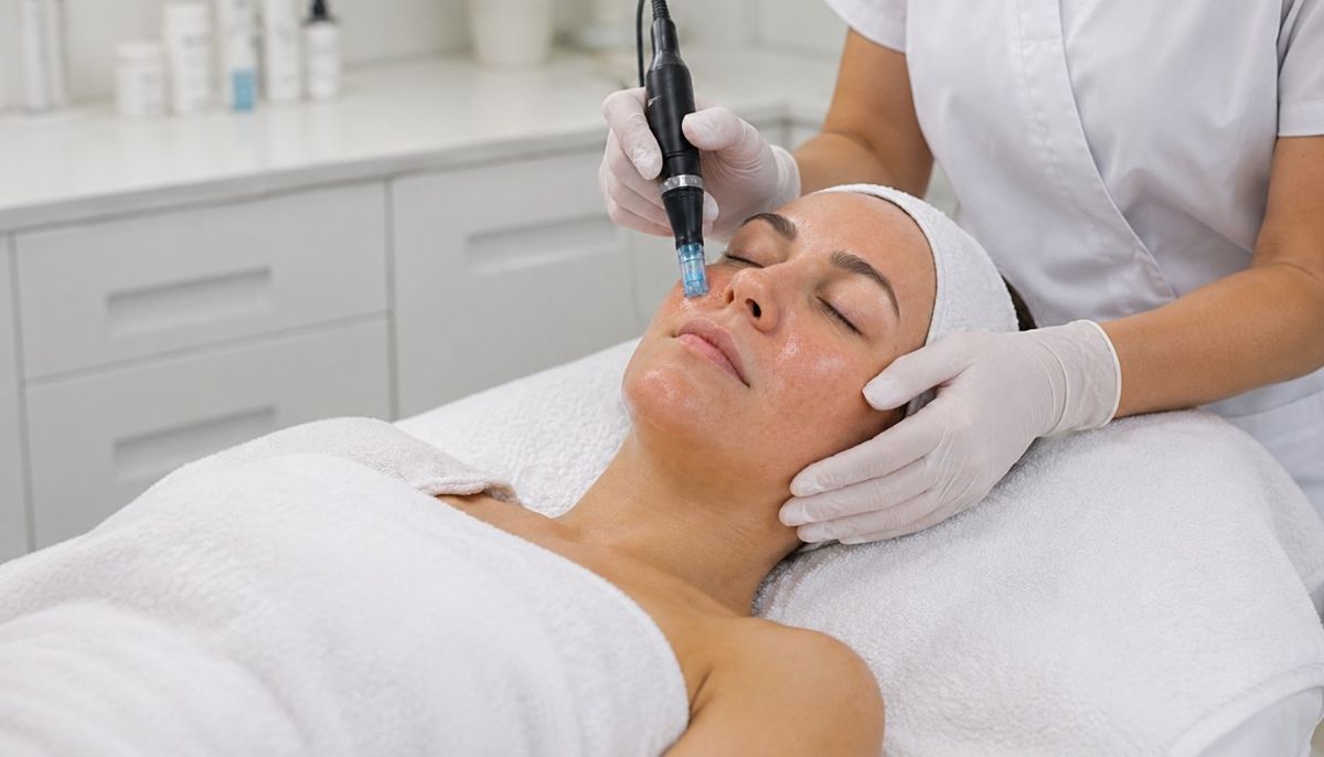 Kozmetičarka izvodi microneedling tretman Dr. Pen uređajem na klijentici u kozmetičkom salonu