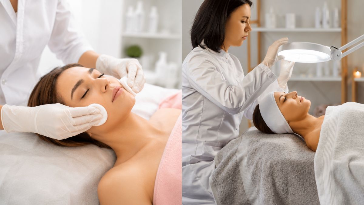 Dvije fotografije prikazuju razliku između medicinskog čišćenja lica i klasičnog tretmana lica tijekom profesionalne njege