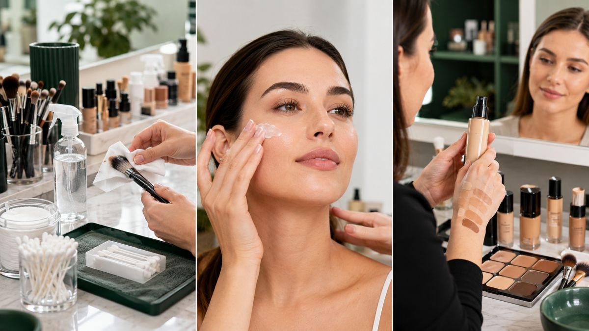Prikaz čišćenja make-up kistova, priprema kože nanošenje kreme i odabir pudera prema tonu kože