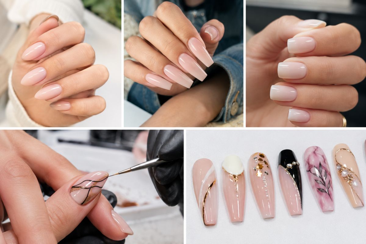 Kolaž manikura prikazuje najtraženije oblike noktiju, uključujući badem, balerinu i soft square, uz kombinaciju prirodnih nude nijansi te nail art detalja poput finih linija, folije, kamenčića i ručno oslikanih motiva