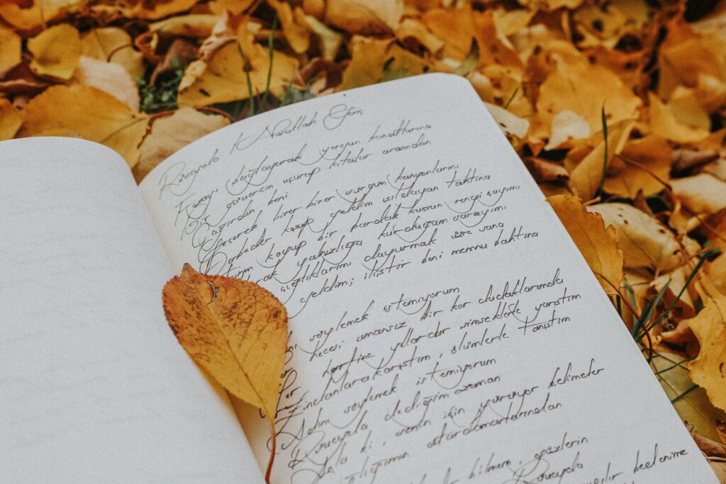 An open book with handwritten text on a bed of yellow autumn leaves.