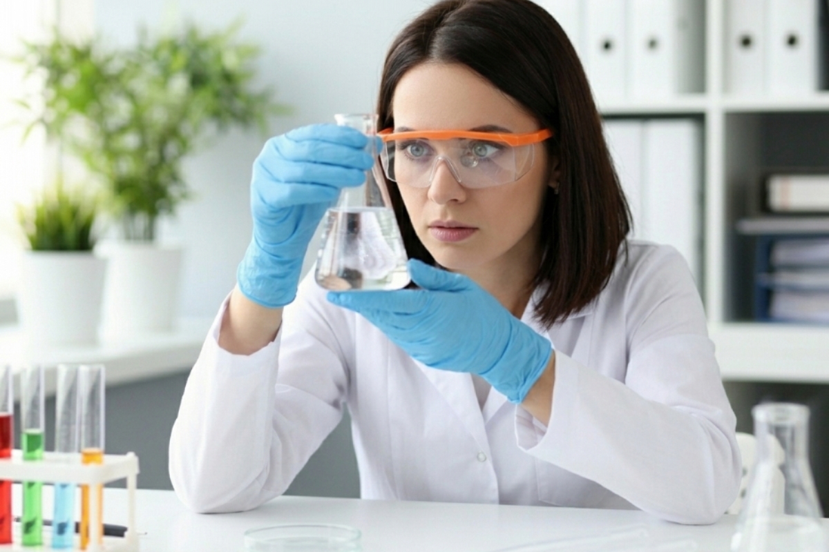 Mlada laboratorijska djelatnica u bijeloj kuti, sa zaštitnim naočalama i plavim rukavicama, pažljivo promatra staklenu laboratorijsku tikvicu s prozirnom tekućinom. Nalazi se u svijetlom laboratorijskom prostoru, dok su u pozadini vidljive epruvete s obojenim tekućinama i druga laboratorijska oprema. Prizor prikazuje znanstveno istraživanje, kemijsku analizu ili laboratorijsko testiranje.