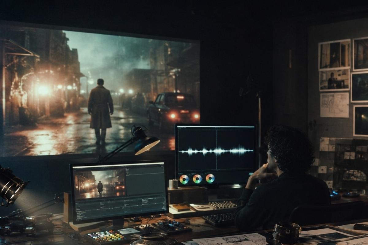Polaznik filmskog laboratorija analizira scenu na monitorima dok se u studiju proučavaju svjetlo, zvuk, scenografija i vizualna kompozicija.