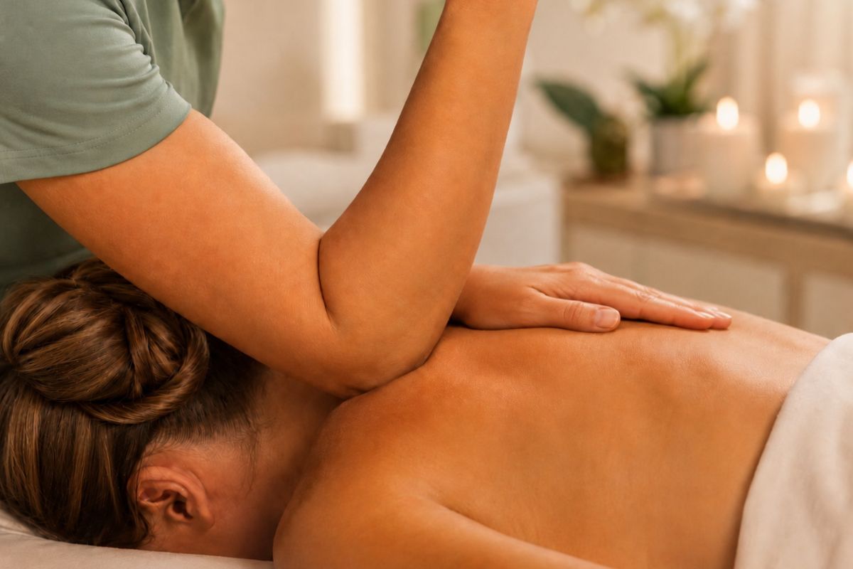 Lomi Lomi masaža leđa tehnikom pritiska podlakticom u opuštajućem spa ambijentu.