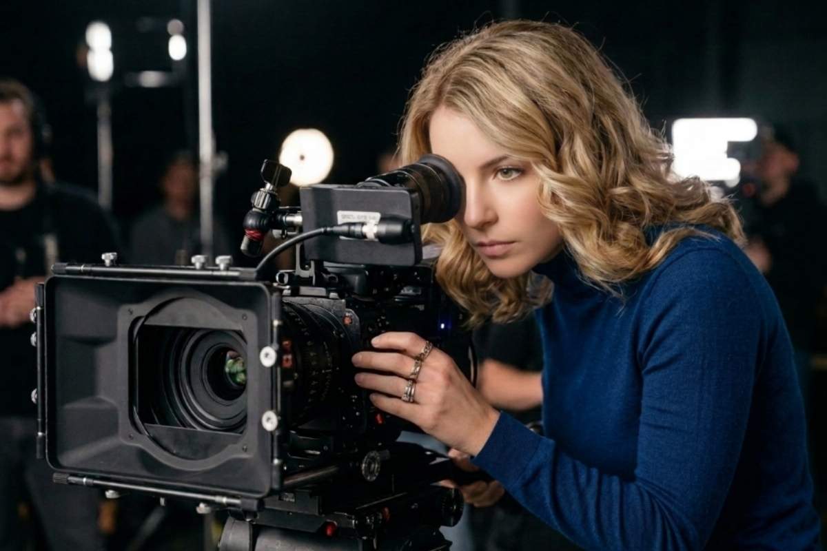 Snimateljica upravlja profesionalnom filmskom kamerom tijekom snimanja na setu, prikazujući rad s kinematografskom opremom.