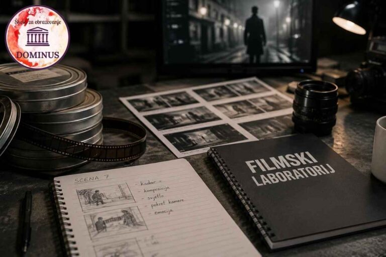 Filmski laboratorij sa filmskim trakama, rolama, fotografijama scena i opremom za analizu i obradu snimljenog materijala.