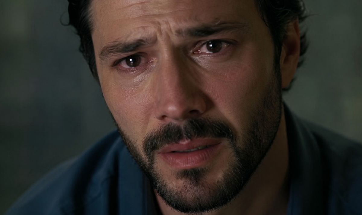Krupni kadar glumca s izrazom tuge i unutarnje napetosti tijekom emocionalne filmske scene