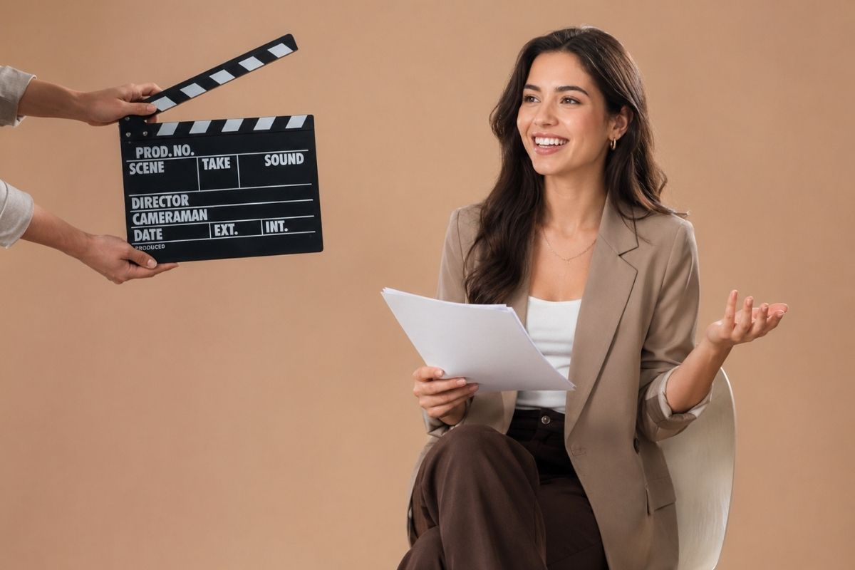 djevojka sjedi na stolici i sprema se za casting sa papirima u ruci, sa osmjehom na licu 