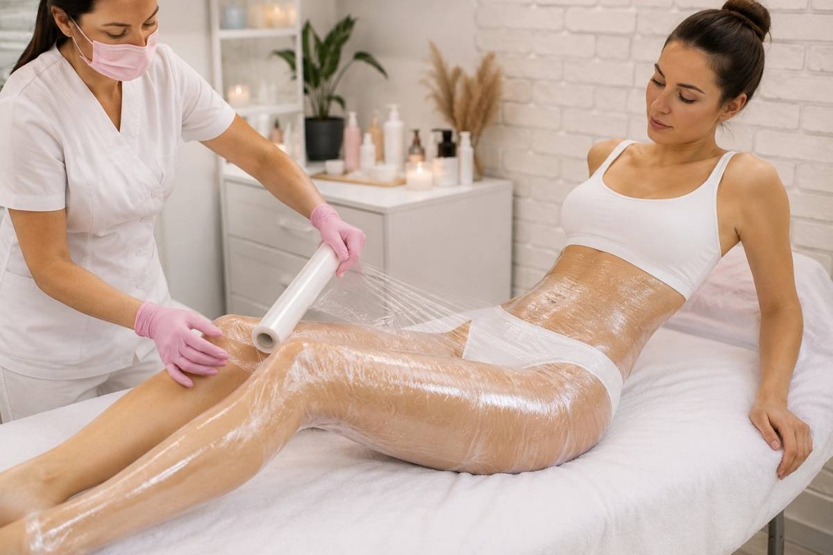 Kozmetičarka nanosi prozirnu foliju na noge tijekom body wrapping tretmana u modernom spa studiju.