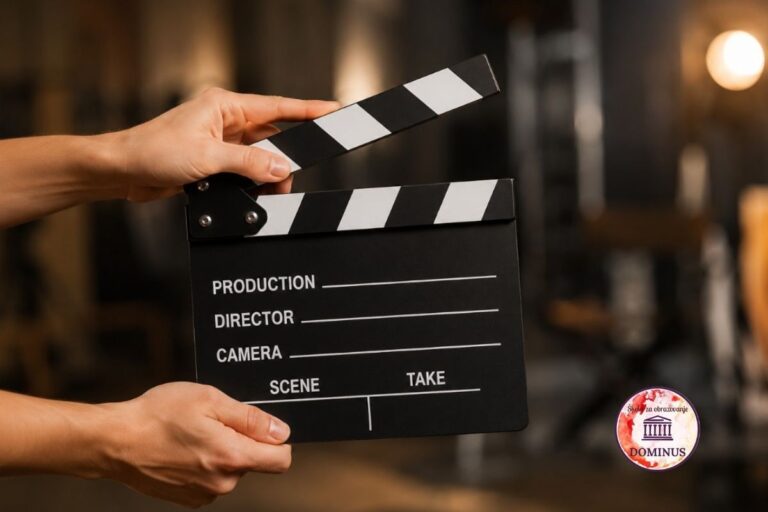 Ruke drže crnu filmsku klapu ispred zamućene studijske pozadine s toplim svjetlom, u atmosferi filmskog seta