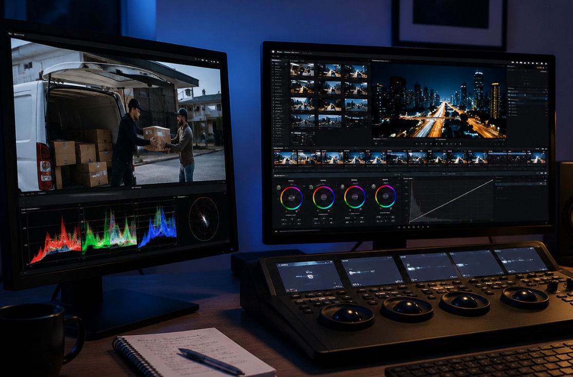 Moderni studio za video montažu i korekciju boja s dva monitora, profesionalnom kontrolnom konzolom i osvijetljenim radnim stolom