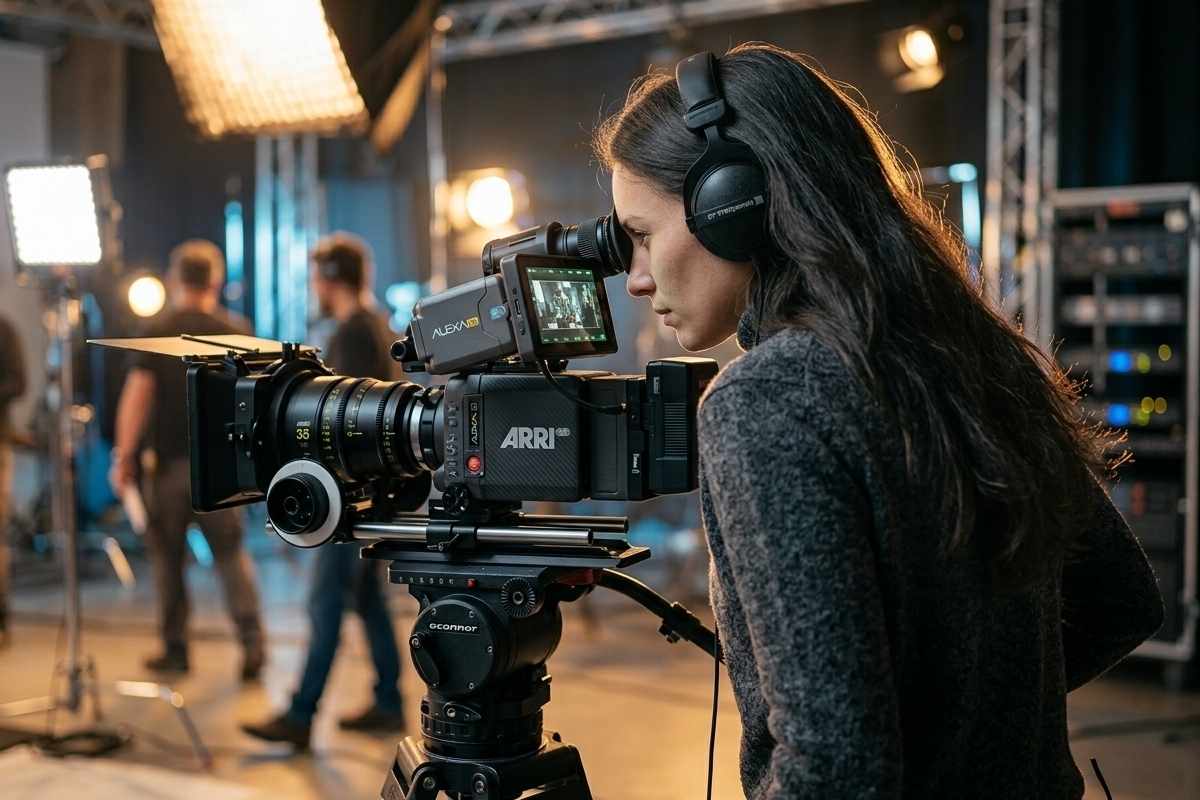 Snimateljica tijekom rada s profesionalnom filmskom kamerom na setu, uz rasvjetu i opremu za kinematografsku produkciju.