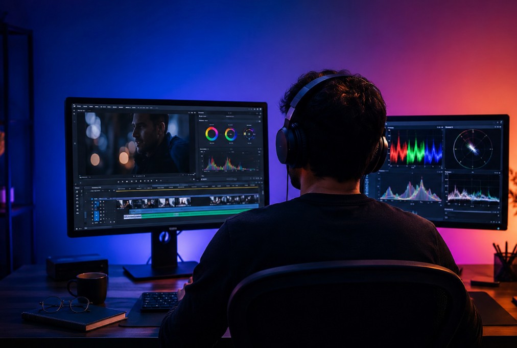 Montažer sa slušalicama radi za dva monitora u studiju za montažu videa i korekciju boja