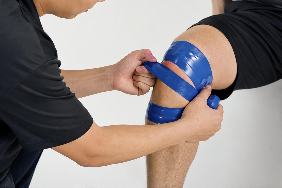 lječnik postavlja medical flossing traku momku na nogu