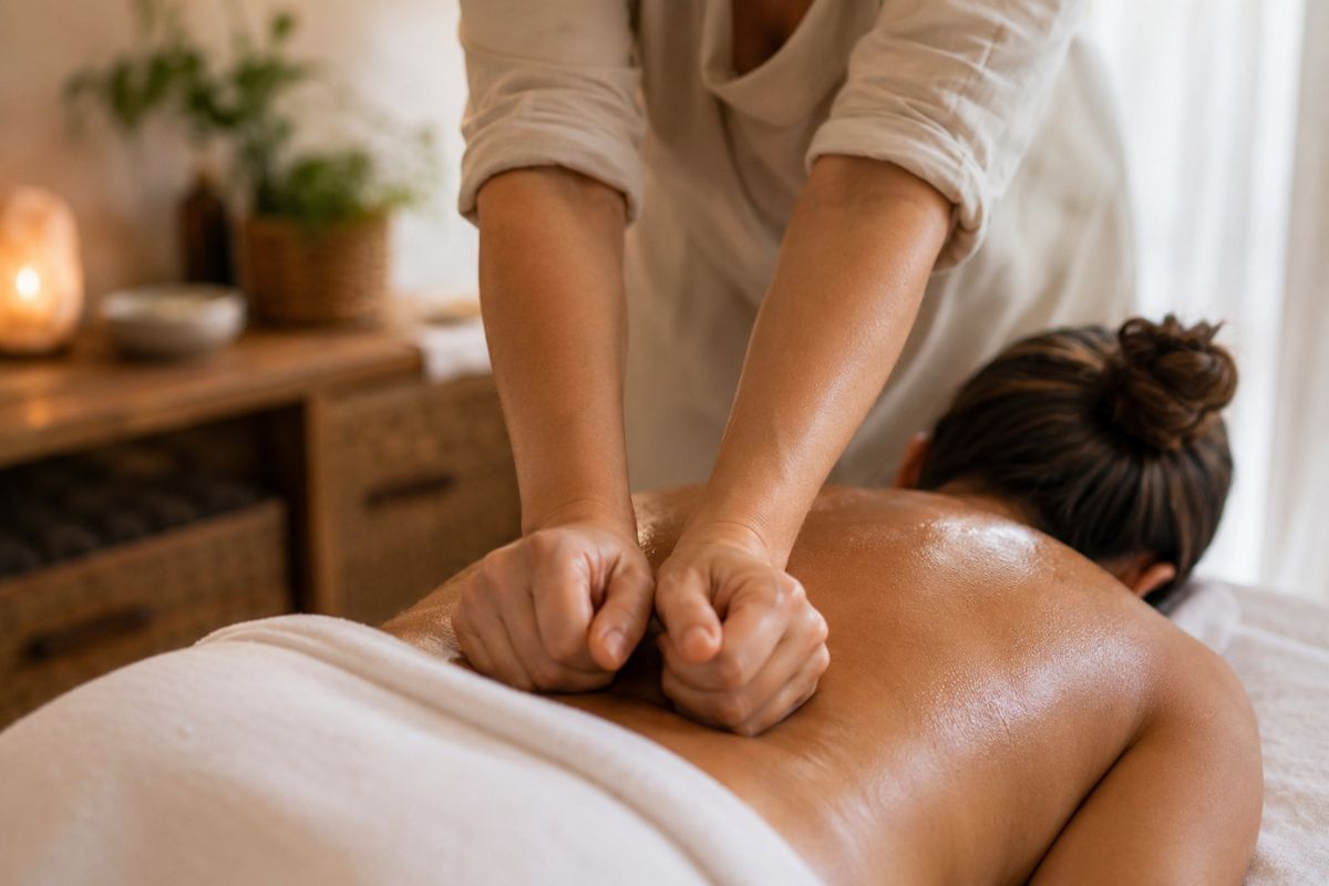 Lomi Lomi masaža leđa snažnijim pritiskom šakama u opuštajućem spa ambijentu.