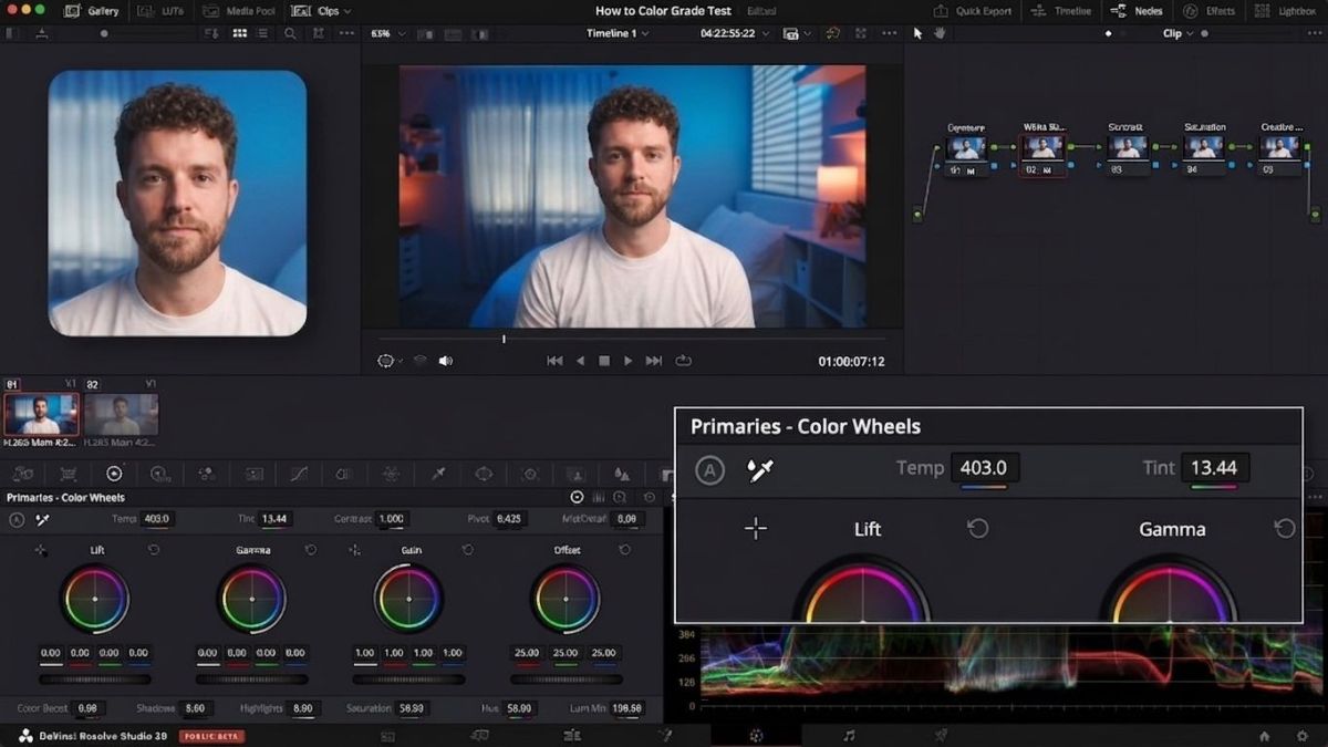 Muškarac na zaslonu programa DaVinci Resolve tijekom podešavanja kolor korekcije pomoću kotačića boja i video skopa