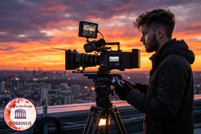 Direktor fotografije snima filmsku scenu profesionalnom kamerom tijekom zalaska sunca uz vizualno oblikovanje kadra.