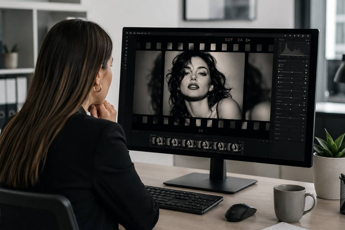 Žena u neutralnom uredskom prostoru analizira crno-bijelu portretnu fotografiju na velikom računalnom monitoru.