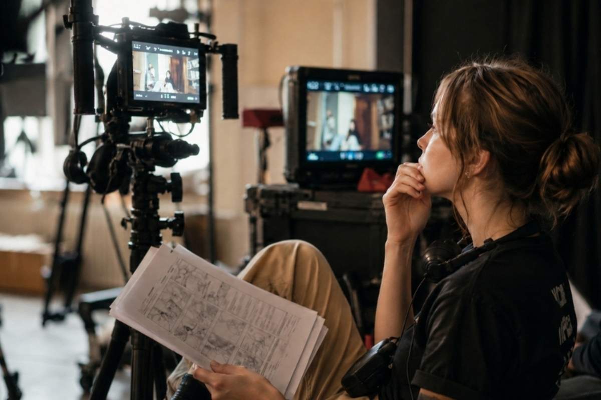Članica filmske ekipe na setu drži storyboard i prati snimanje scene preko produkcijskih monitora.