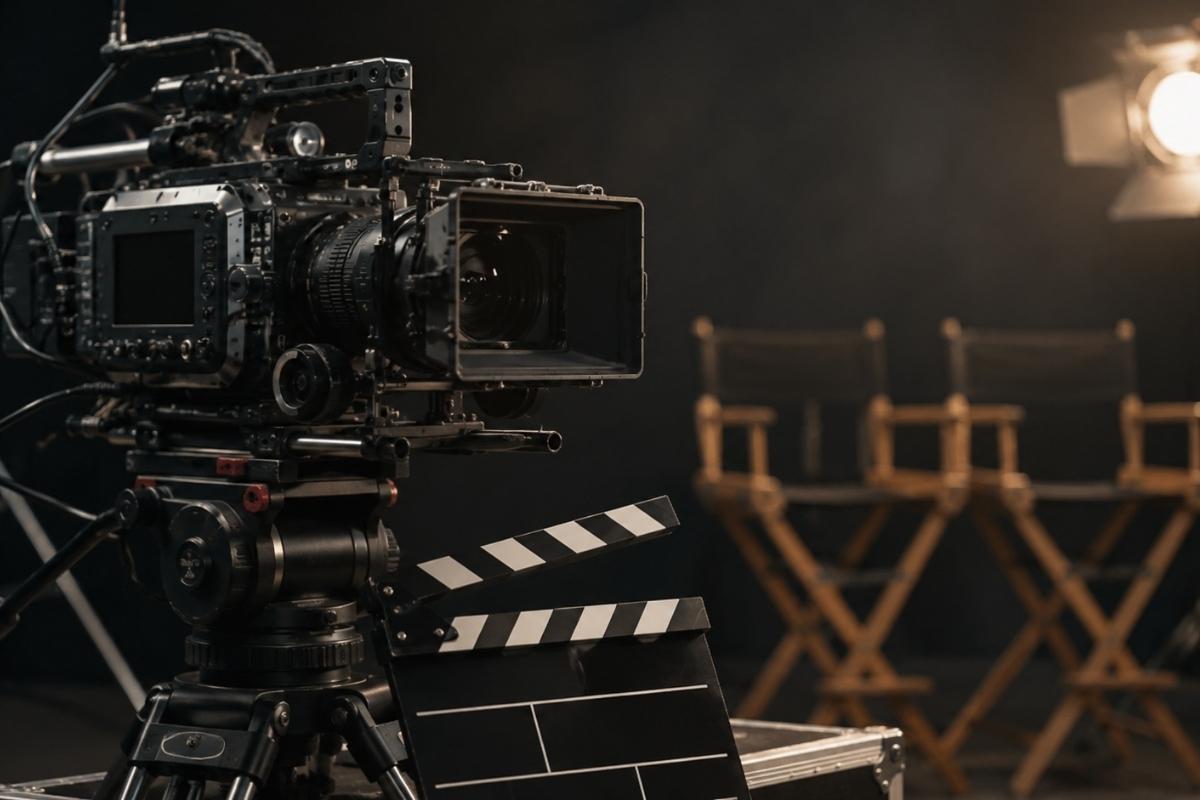 Profesionalna filmska kamera i klapa na setu za snimanje filma.