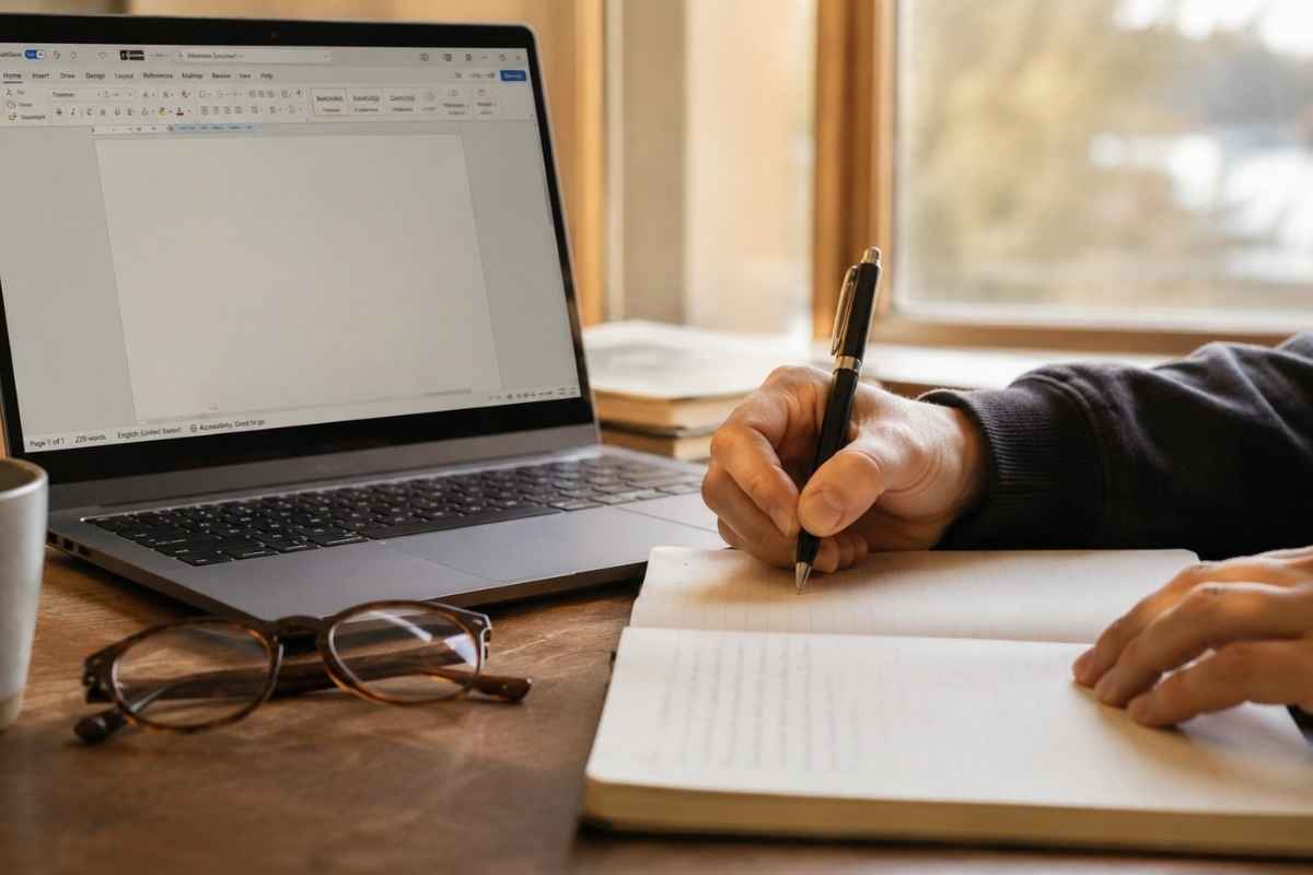 Osoba piše bilješke u otvorenu bilježnicu pored laptopa s otvorenim dokumentom, naočala i šalice na radnom stolu.