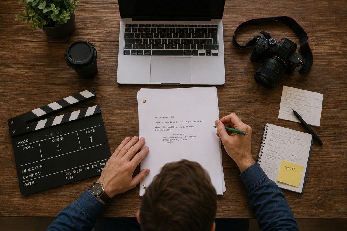 Osoba piše filmski scenarij za stolom, dok je u prvom planu filmska klapa.
