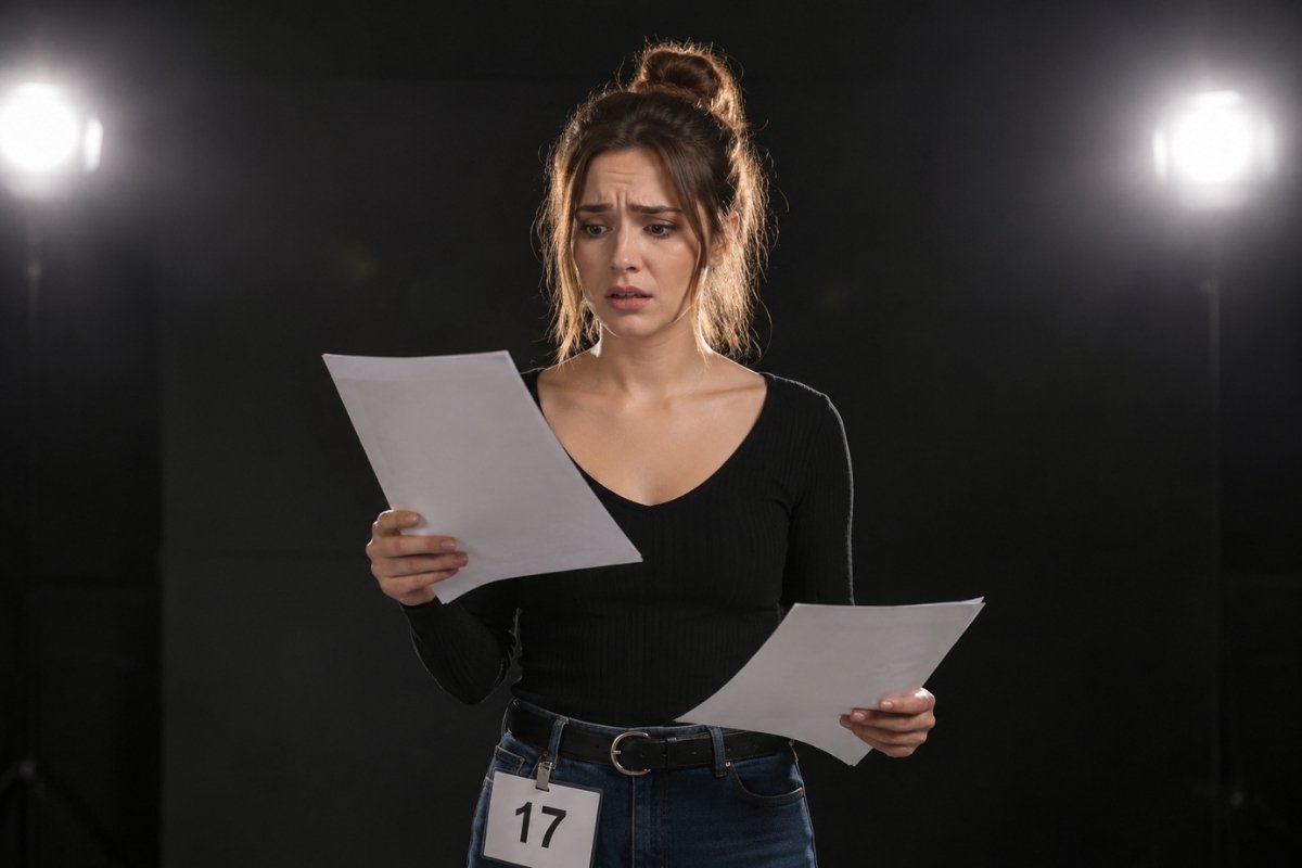 Zbunjena glumica drži scenarij nakon pogreške tijekom casting audicije.