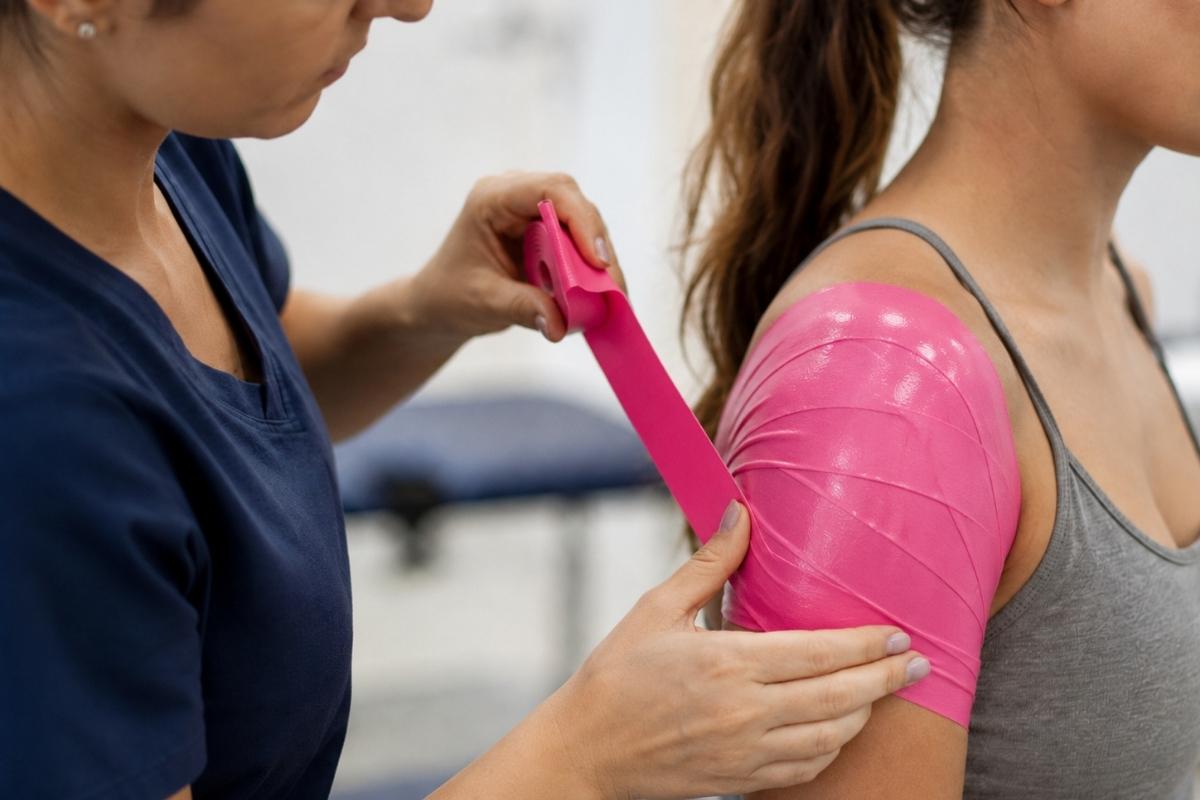 Terapeutkinja omotava sjajnu ružičastu traku za medical flossing oko ramena i nadlaktice pacijentice.