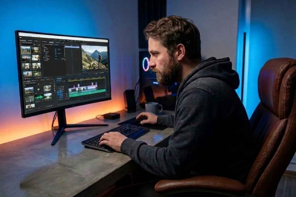 momak koji radi kao video montažer koristi računalo i montira video