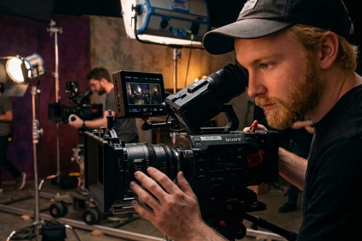 Filmski kreativac priprema kadar uz profesionalnu opremu, fokusiran na stvaranje vizualne kompozicije za produkciju.
