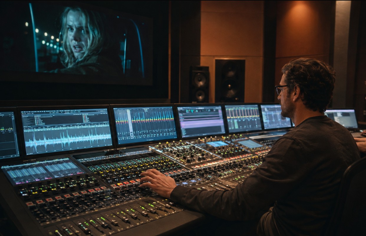Dizajner zvuka u studiju obrađuje dijaloge, ambijentalne tonove i zvučne efekte za film