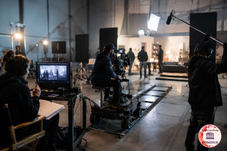 Filmska ekipa na setu tijekom snimanja video produkcije, s kamerom, rasvjetom, mikrofonom i produkcijskim monitorom
