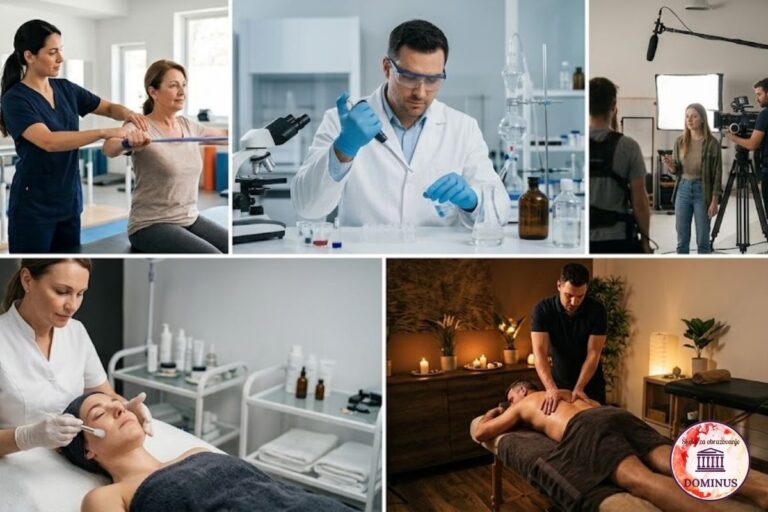 Kolaž najtraženijih zanimanja u Hrvatskoj – fizioterapeutski tehničar, sanitarni tehničar, kozmetičar, maser i djelatnici u audiovizualnoj proizvodnji
