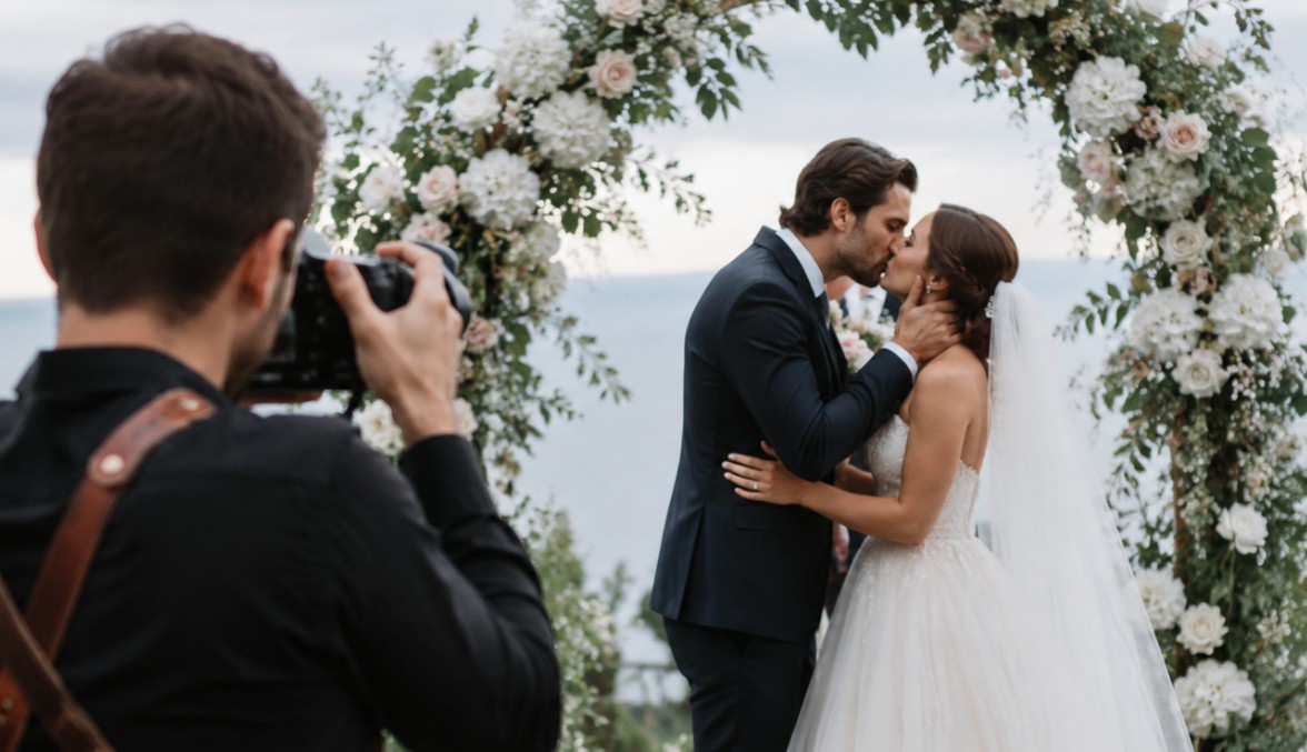 Fotograf snima prvi poljubac mladenaca tijekom ceremonije vjenčanja ispod cvjetnog luka
