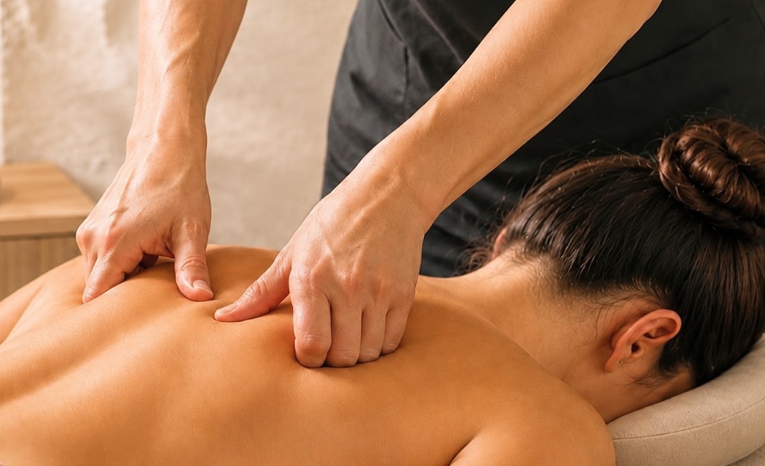 Terapeut izvodi deep tissue masažu leđa klijentice u svijetlom i ugodnom salonskom ambijentu