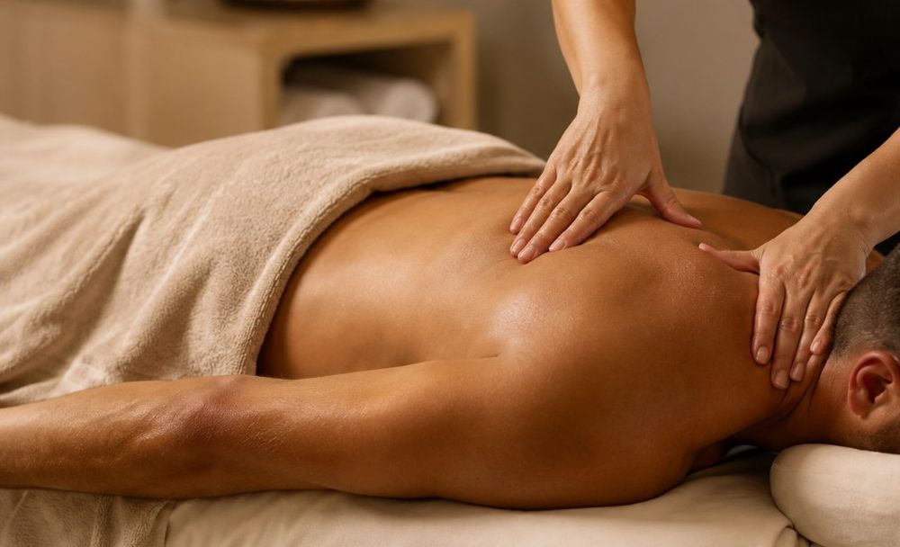 Žena masira muškarca koji leži na masažnom stolu u ugodno osvijetljenom spa prostoru, s naglaskom na masažu ramena i gornjeg dijela leđa